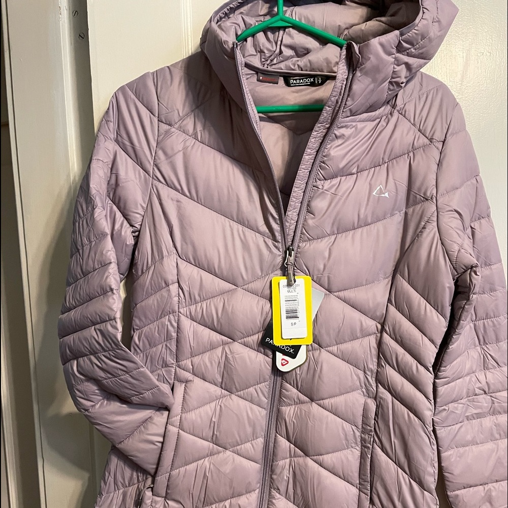 Paradox Long Down Jacket: 1 SMALL Lilac 19” bust, 17” waist, 22” hips, 34” long